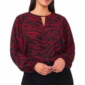 Vince Camuto Chiffon Zebra Print Keyhole Neck Blouse Boysenberry Black 2X Plus